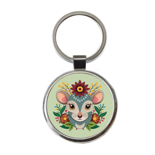 Mouse Floral Flowers Round Metal Keychain