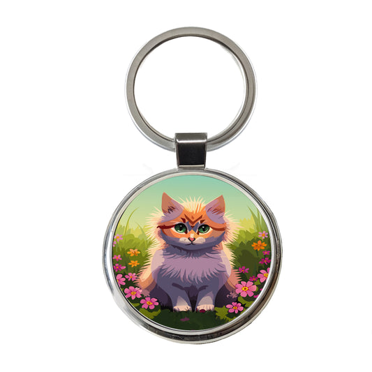 Munchkin Cat in Flower Garden Round Metal Keychain