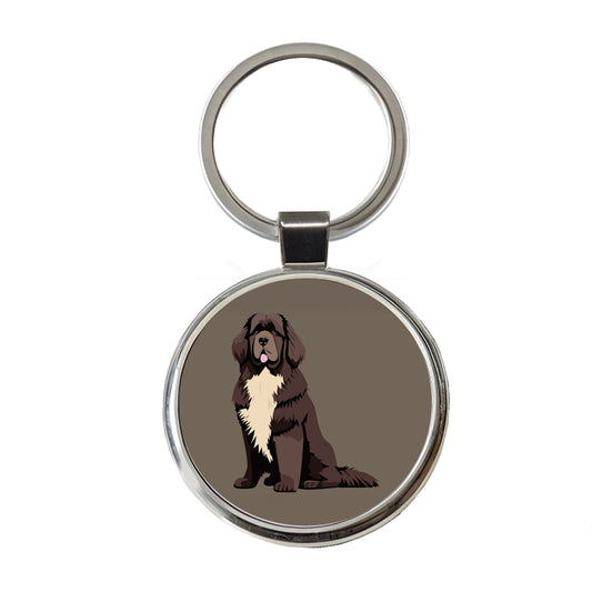 Newfoundland Dog Sitting Round Metal Keychain