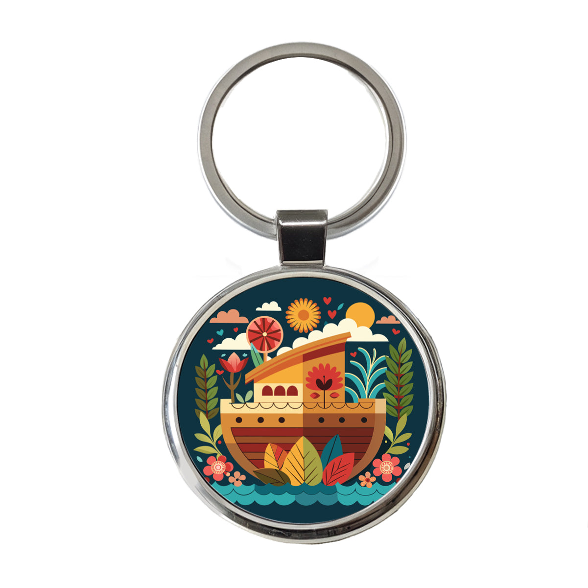 Noah's Ark Floral Bible Story Round Metal Keychain