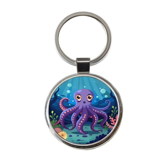 Octopus in Ocean Cute Round Metal Keychain