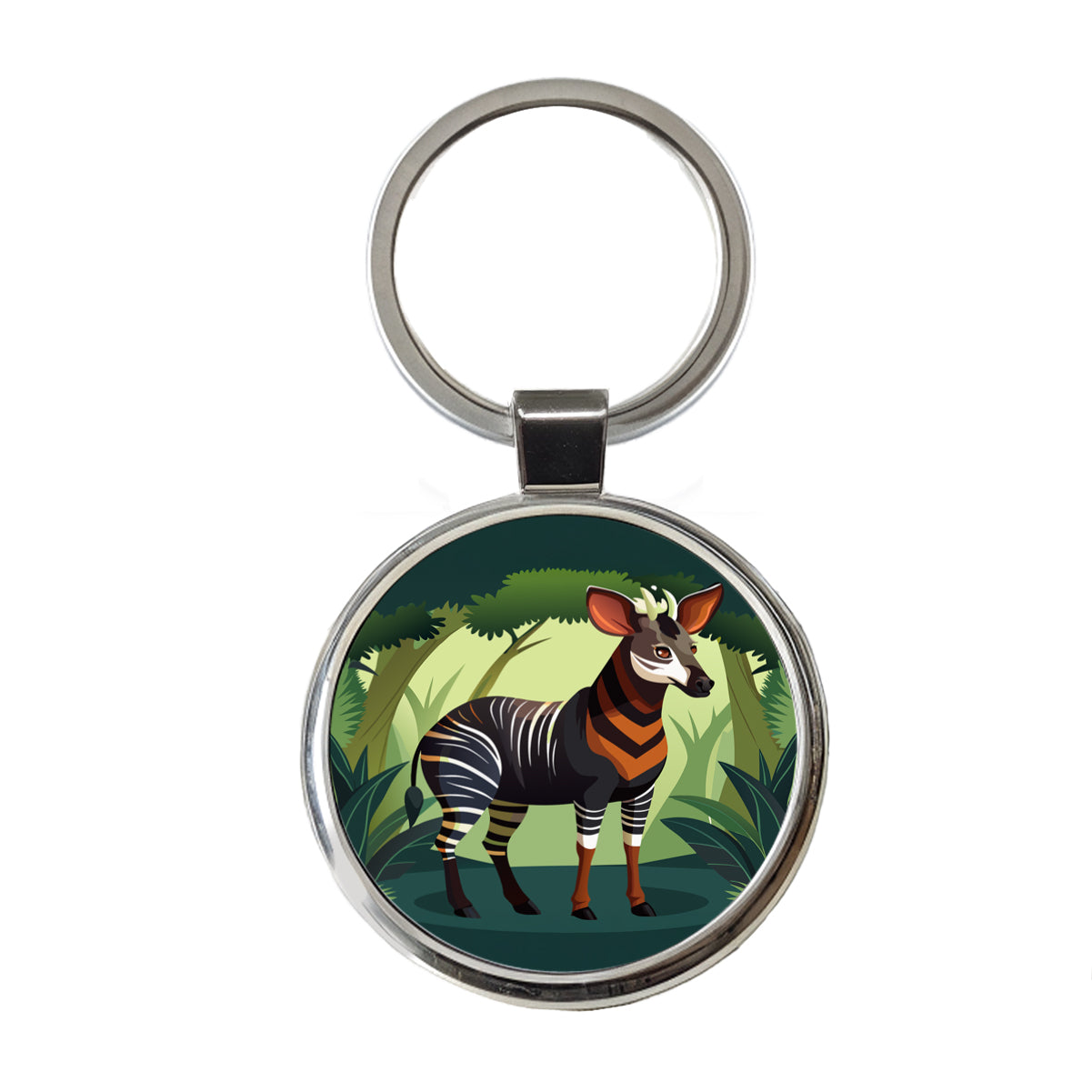 Okapi Forest Zebra Giraffe Round Metal Keychain