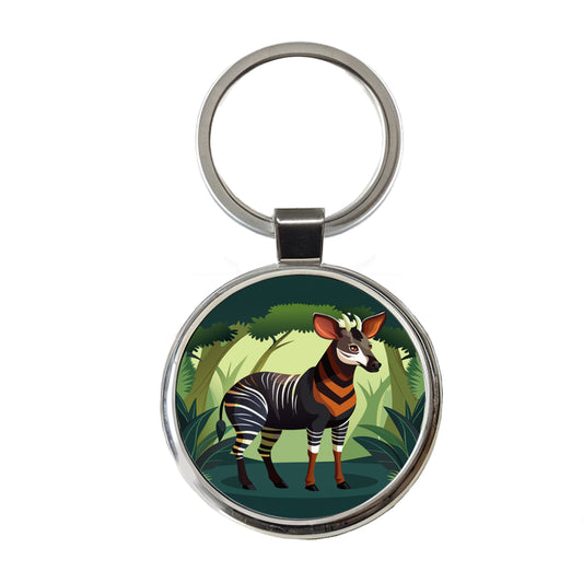 Okapi Forest Zebra Giraffe Round Metal Keychain