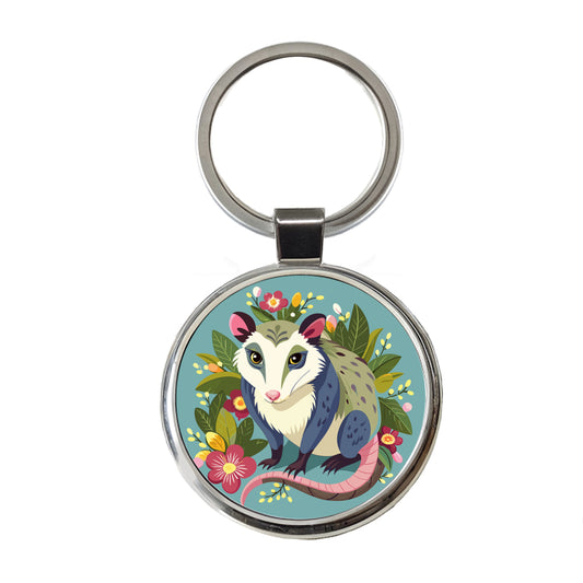 Opossum Floral Flowers Round Metal Keychain