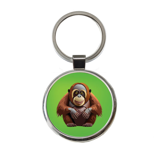 Orangutan Great Ape Sitting Round Metal Keychain