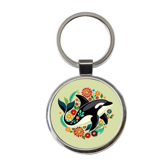 Orca Whale Floral Flowers Round Metal Keychain