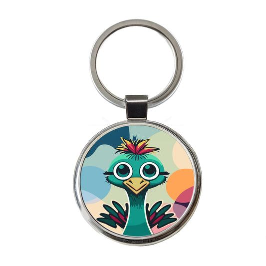 Ostrich Cute Head Round Metal Keychain