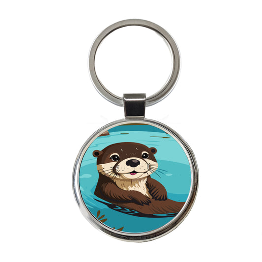 Otter Cute Swimming in Water Round Metal Keychain