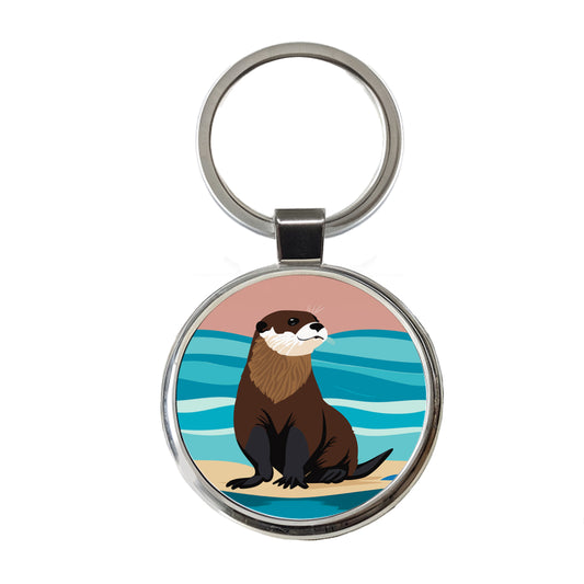 Otter on the Beach Ocean Sea Round Metal Keychain
