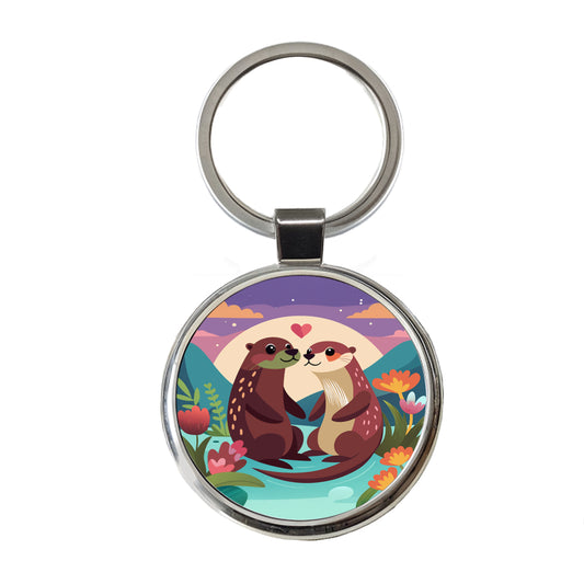 Otters in Love Anniversary Wedding Valentines Day Round Metal Keychain