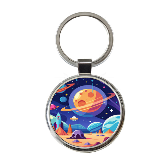 Outer Space Planets Round Metal Keychain