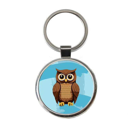 Owl Brown Round Metal Keychain