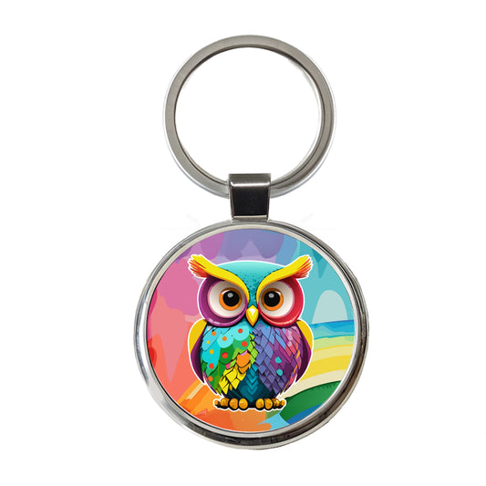 Owl Colorful Round Metal Keychain