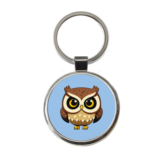 Owl Cute Short Round Metal Keychain