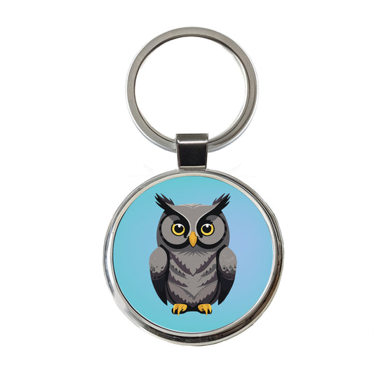 Owl Gray Staring Round Metal Keychain