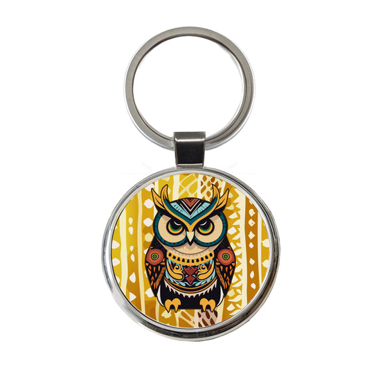 Owl Tribal Colorful Bird Round Metal Keychain