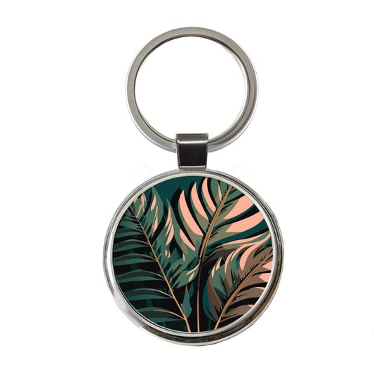 Palm Trees Leaves Fronds Tropical Foliage Round Metal Keychain