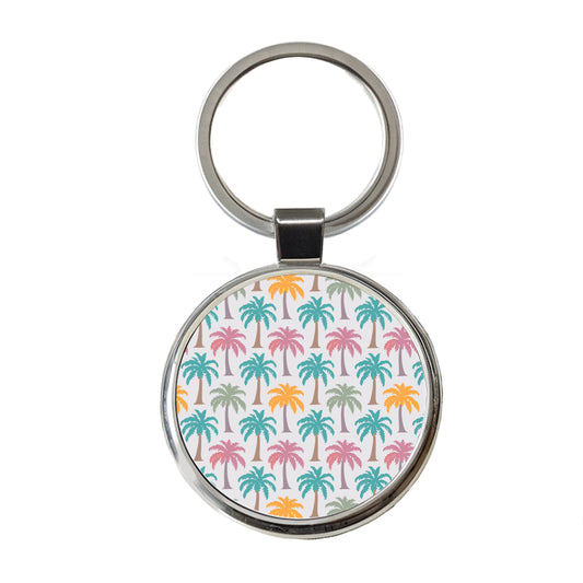 Palm Trees Tropical Pastel Pattern Round Metal Keychain