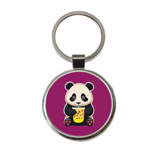 Panda Drinking Boba Bubble Tea Round Metal Keychain