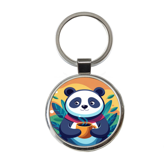 Panda Drinking Coffee Round Metal Keychain