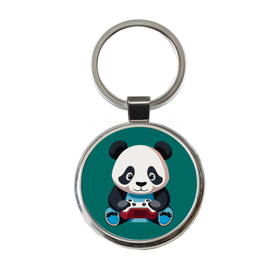 Panda Gaming Gamer Playing Video Game Round Metal Keychain