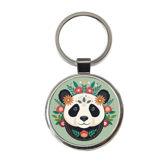 Panda Head Floral Flowers Round Metal Keychain