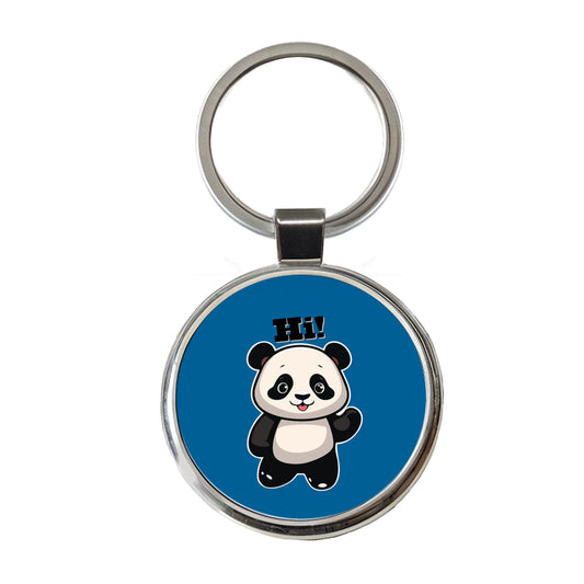 Panda Waving Hi Hello Greetings Friend Round Metal Keychain