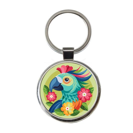 Parrot Bird Floral Flowers Round Metal Keychain