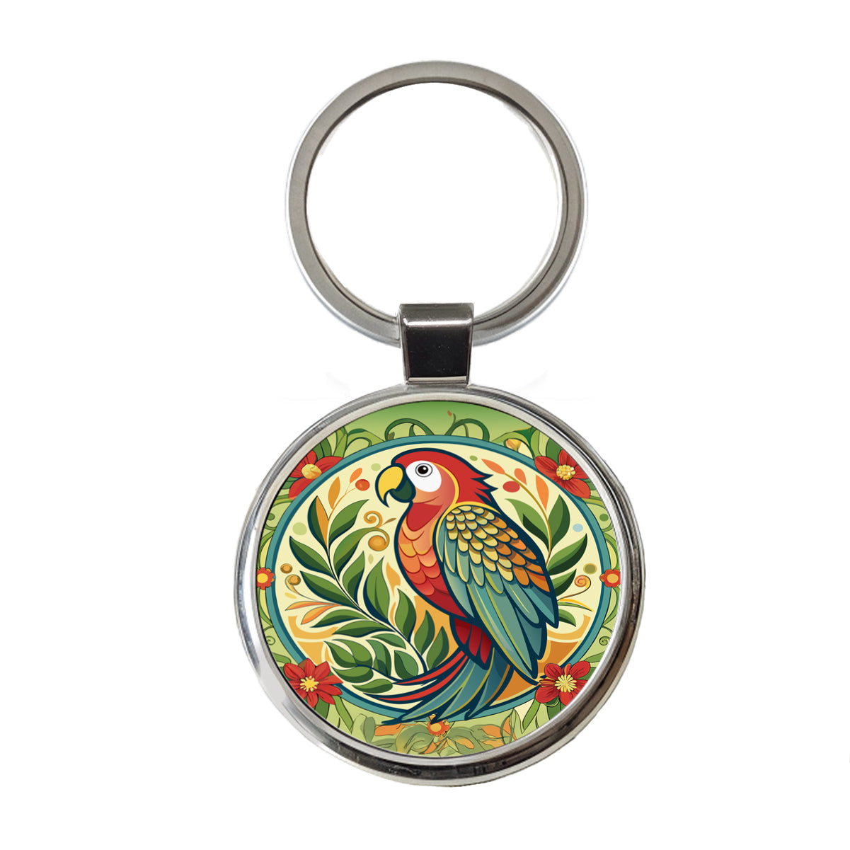 Parrot Floral Art Nouveau Flowers Elegant Round Metal Keychain