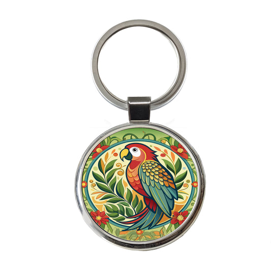Parrot Floral Art Nouveau Flowers Elegant Round Metal Keychain