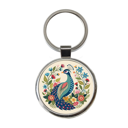 Peacock Floral Flowers Round Metal Keychain