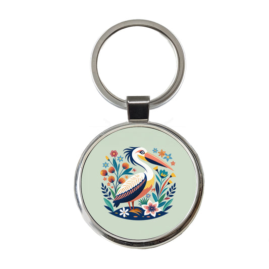 Pelican Bird Floral Flowers Round Metal Keychain
