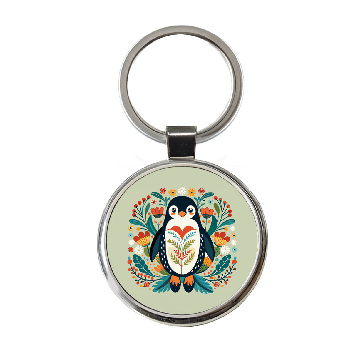 Penguin Floral Flowers Round Metal Keychain