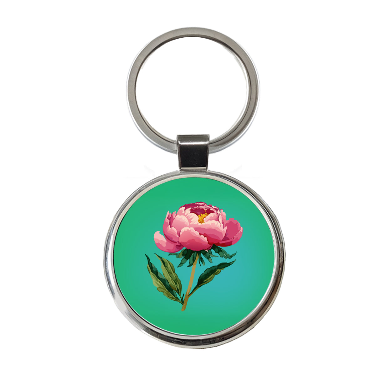 Peony Pink Flower Watercolor Round Metal Keychain