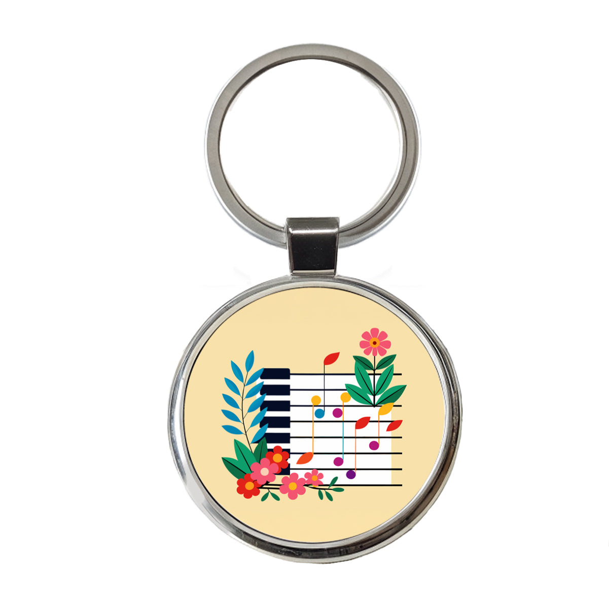 Piano Music Floral Motif Round Metal Keychain