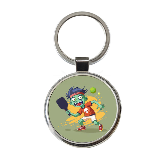 Pickleball Zombie Round Metal Keychain