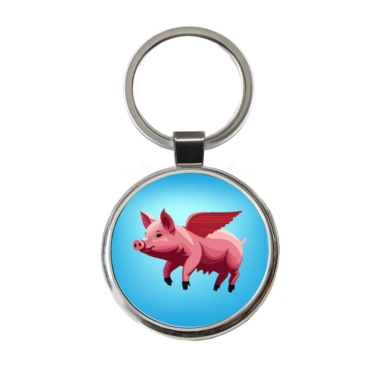 Pig Flying Funny Round Metal Keychain