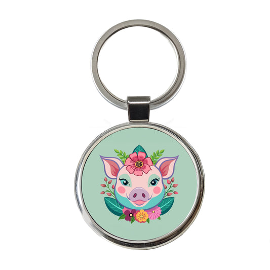 Pig Head Floral Flowers Round Metal Keychain