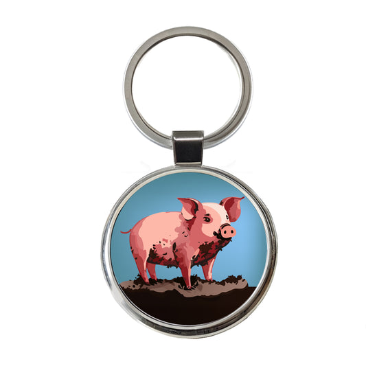 Pig in Mud Round Metal Keychain