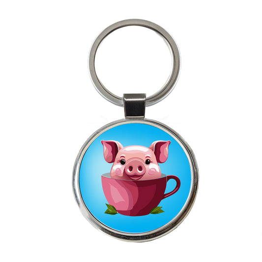 Pig Teacup Round Metal Keychain