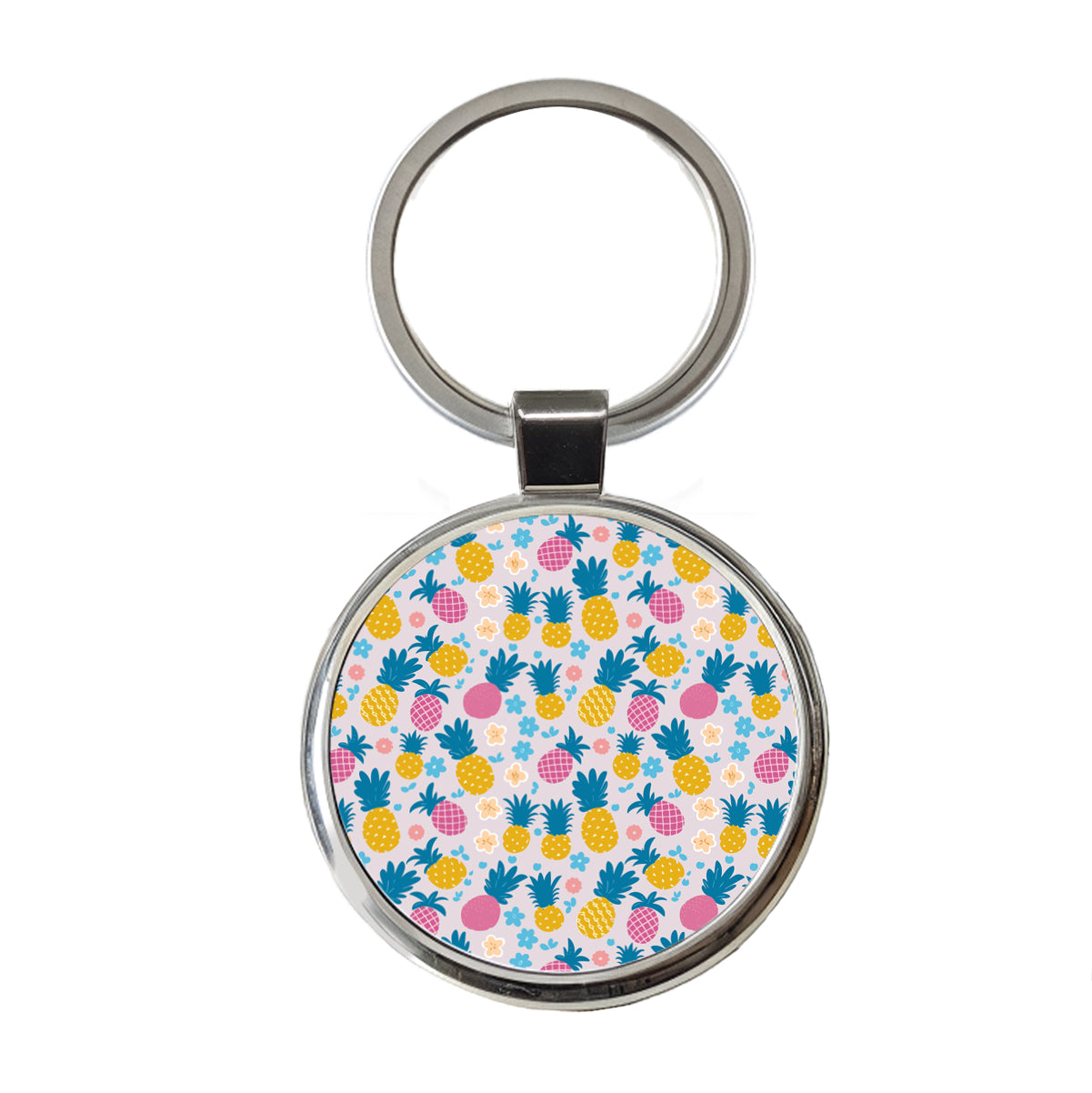 Pineapples Tropical Flowers Pattern Round Metal Keychain