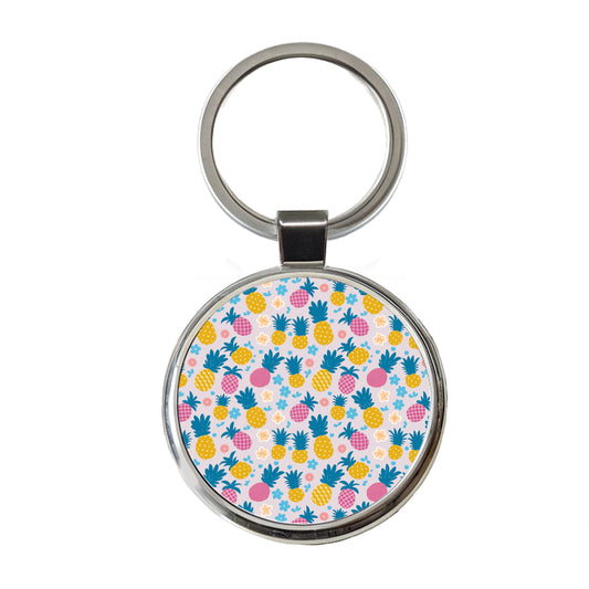 Pineapples Tropical Flowers Pattern Round Metal Keychain