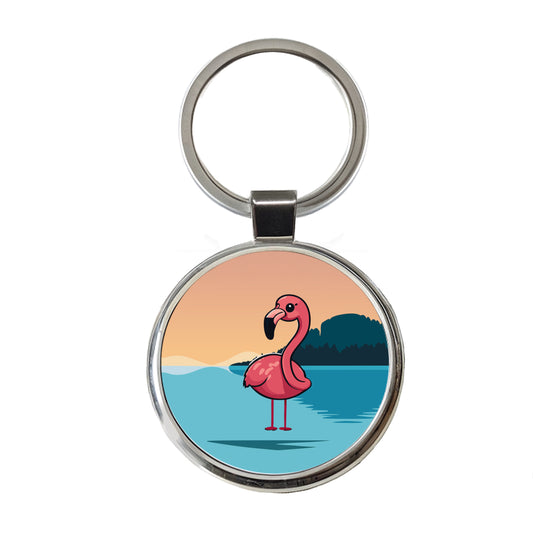 Pink Flamingo Sweet Round Metal Keychain
