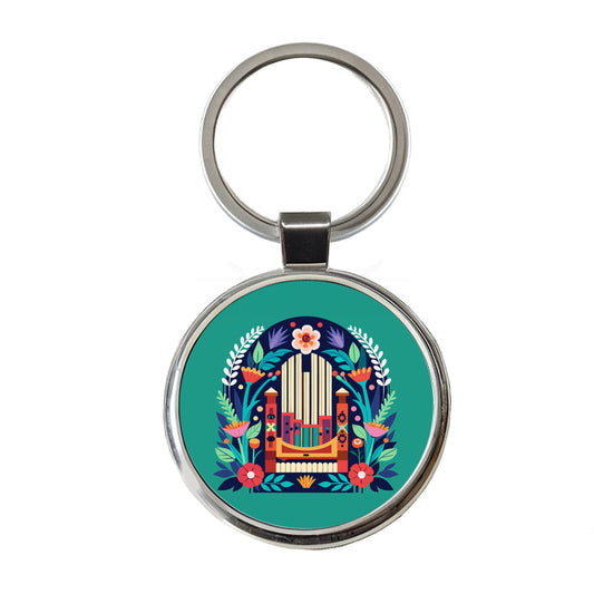 Pipe Organ Music Floral Motif Round Metal Keychain