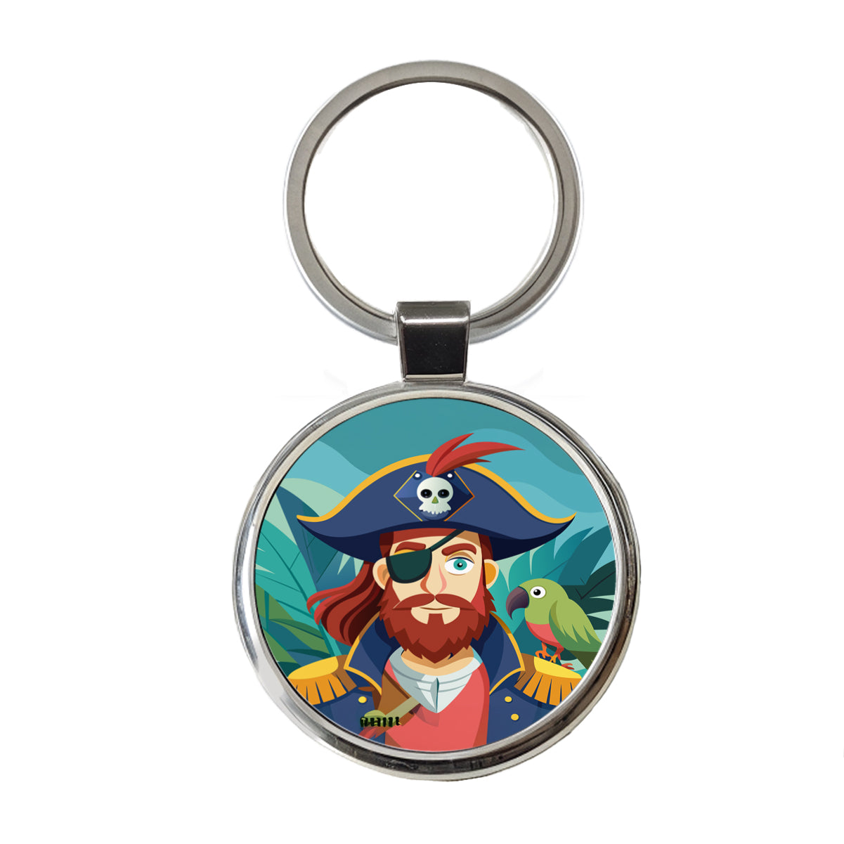 Pirate with Eye Patch and Parrot Round Metal Keychain
