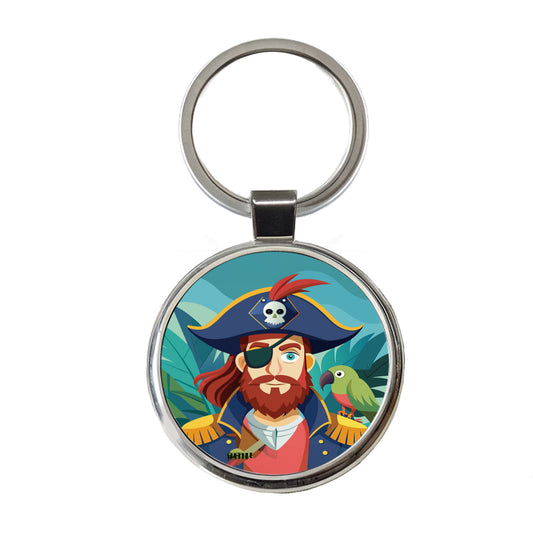Pirate with Eye Patch and Parrot Round Metal Keychain