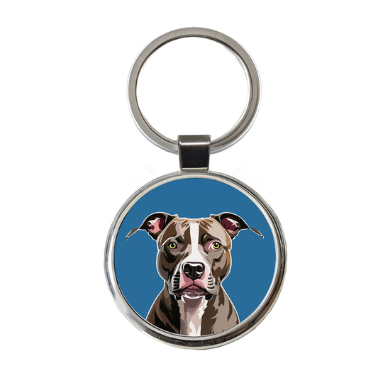 Pit Bull Dog Face Staring Round Metal Keychain