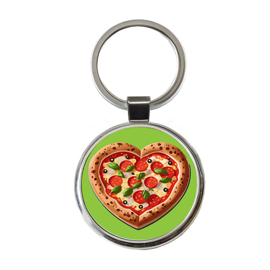 Pizza Heart Love Round Metal Keychain