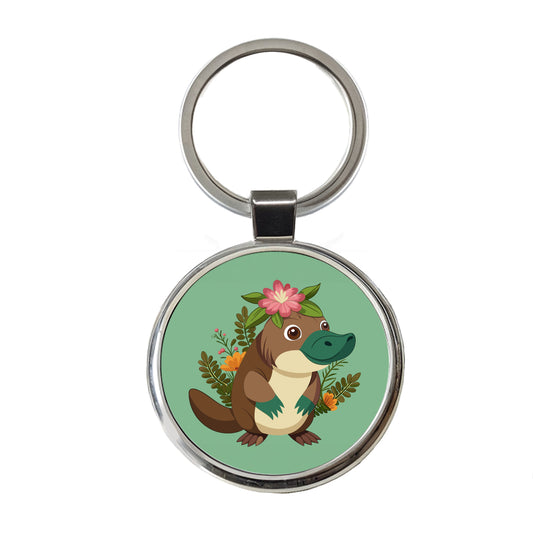 Platypus Floral Flowers Round Metal Keychain