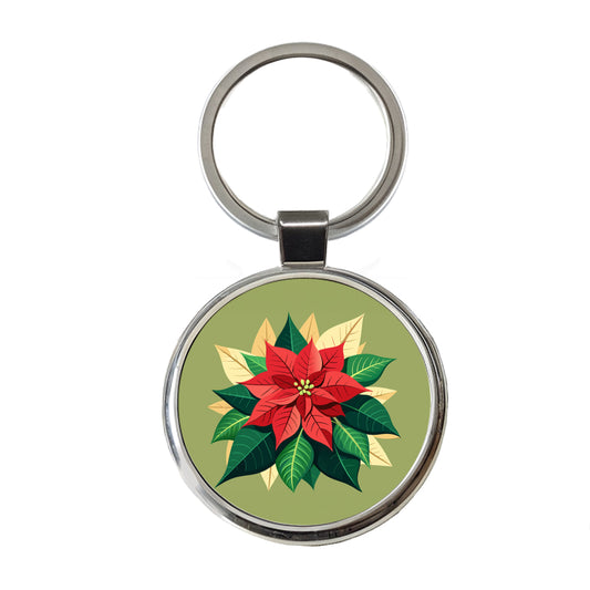 Poinsettia Plant Christmas Decoration Round Metal Keychain